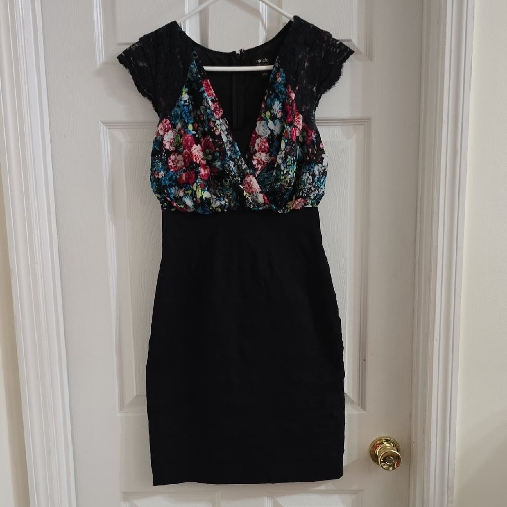 Nicole Black Dress with Multicolor Floral Bodice and Lace Cap Sleeves